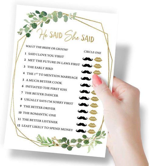 Printed Party Bridal Shower Games – He Said She Said Game with Fun Bride and Groom Trivia, Wedding Shower Activity, Botanical Greenery Theme, 50 G...