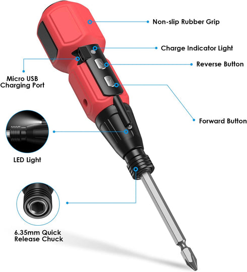 AMIR Cordless Screwdriver, Rechargeable Electric Screwdriver Sets, Portable Automatic Home Repair Tool Kit with USB Cable and LED Lights, Red...