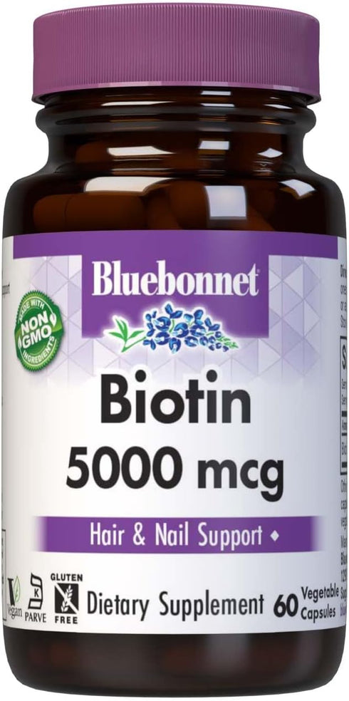 Bluebonnet Nutrition Biotin 5000 mcg, Hair & Nail Support*, Non-GMO, Vegan, Kosher Certified, Gluten-Free, Soy-Free, Dairy-Free, 60 Vegetable Caps...