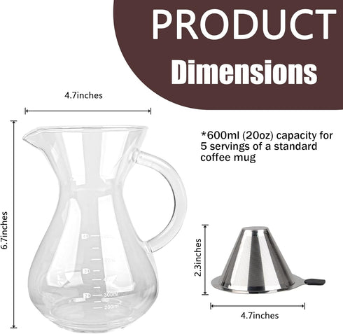 T-mark Pour Over Coffee Maker with Reusable Double-layer Stainless Steel Filter, 600ml/20oz BPA-Free Glass Coffee Carafe, Glass Coffee Maker, Coff...