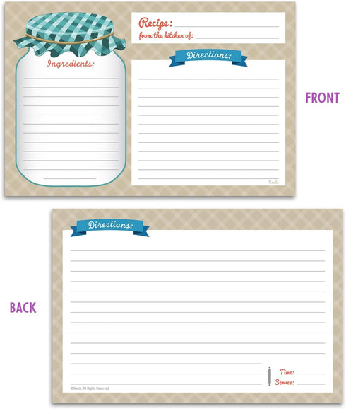 Neatz Mason Jar Recipe Cards - 50 Double Sided Cards, 4x6 inches. Thick Card Stock...