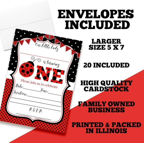 Red Ladybug First Birthday Party Invitations for Girls, 20 5x7 Fill In Cards with Twenty White Envelopes by AmandaCreation...