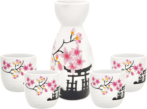 Old Craftsmen's 5 Pcs Japanese Sake Set 200ml Sake Bottle and 50ml Sake Cup Set Traditional Hand Painted Design Porcelain Pottery Ceramic Soju Cup...