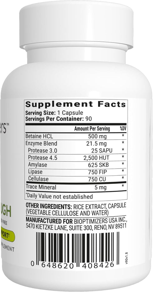 BIOptimizers HCL Breakthrough - Betaine Hydrochloride Enzymes Supplement - Assists with Protein Breakdown and Absorption - Helps Gas and Heartburn...