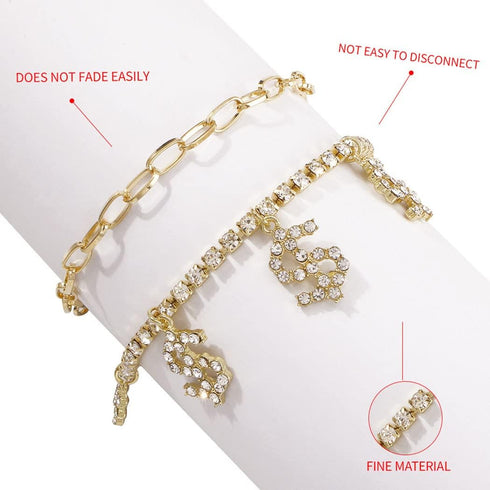Urieo Gold Rhinestone Anklet Chain Dollar Pendant Foot Chain Double Layered Anklets Bracelets Summer Beach Jewelry for Women Pack of 2...