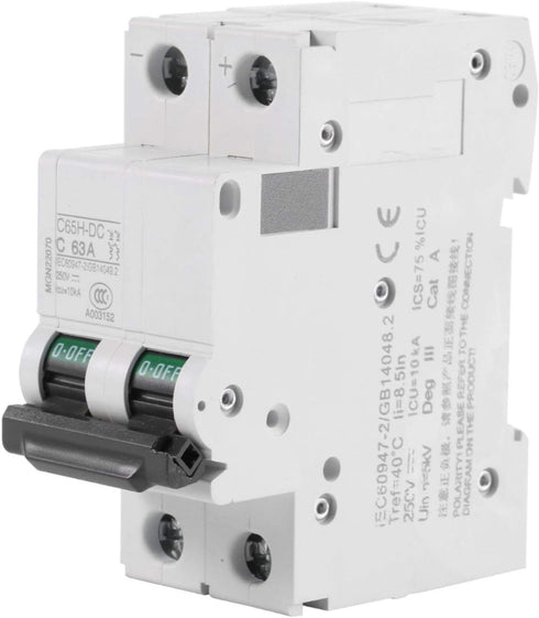 2-Pole Circuit Breaker, 250V DC 2P DIN Rail Mount Miniature Circuit Breaker, 16A/32A/63A 1pc for Solar Panels Grid System Wind, Solar System & Oth...