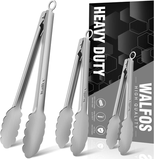 Walfos All Metal Kitchen Tongs for Cooking, BBQ Grilling, 600? Heat Resistant Stainless Steel Tongs - Heavy Duty 7 ?9 and 12 Inch Locking Tongs Se...