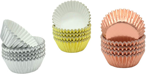 Mini Metallic Foil Paper Cupcake Liners/Baking Cups in Rose Gold, Gold and Silver, 300-Count...