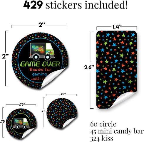 Game Truck Video Gamer Birthday Party Sticker Bundle Kit 429 pieces!!! Includes 60 2 Circle Stickers for Favors & Goodie Bags, 45 Mini Candy Bar W...