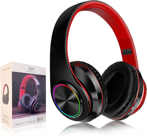 Bluetooth Over Ear Headphones, Foldable LED Stereo Headphones with Built-in Microphone, Noise-Cancelling Wireless Headset for PC/Smart Phone/TV (B...
