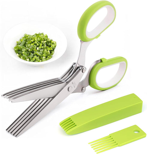 Herb Scissors With 5 Blades and Cover - Multipurpose Kitchen Shears for Cutting and Stripping - Dishwasher Safe, Green...