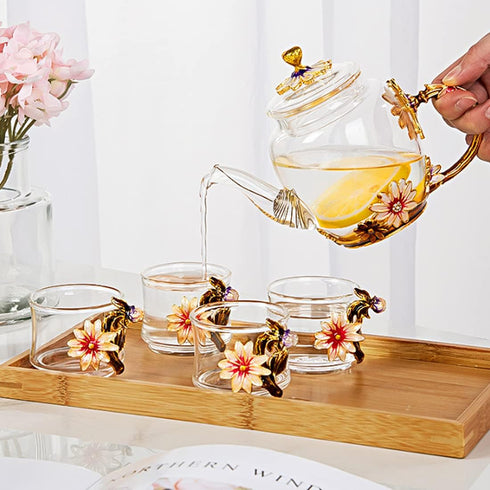 Teabloom Teapot Glass Blooming Tea Teapot for Women Blue Rose Floral Glass Teabloom Teapot with Gold for Mom Friend Christmas Birthday Anniversary...