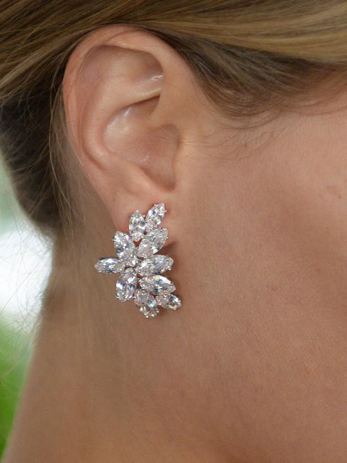 Mariell Clip-On Cubic Zirconia Crystal Bridal Earrings, Marquis Shape CZ Curved Clusters, Non-Pierced Earrings for Wedding, Bridesmaids, Homecomin...