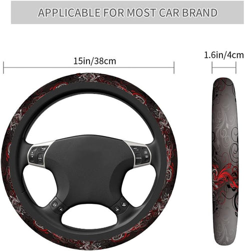 Swono Car Steering Wheel Covers Red Black Floral Beautiful Floral at The Border Creative Design Universal for Women Girls Soft Neoprene Anti-Slip ...