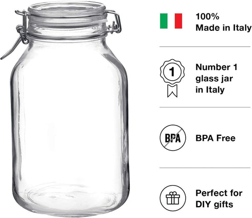 Bormioli Rocco Fido Wide Mouth Glass Jar with Airtight Gasket Clamp Lid for Canning and Food Storage, Clear Top, 101.5 oz....