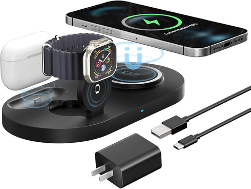 3 in 1 Mag-Safe Wireless Charging Pad, 15W Fast Magnetic Wireless Charging Station, Travel Wireless Charger for iPhone 15/14/13/12Pro/Pro Max/Mini...