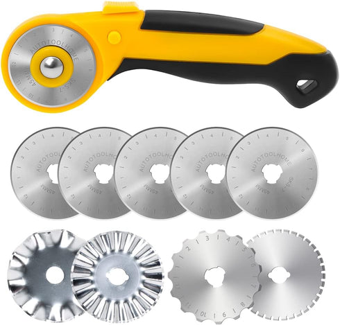 AUTOTOOLHOME 45mm Rotary Cutter with 9pcs Extra Blades Automatic Fabric Roller Cutter Perforator Crochet Edge Pinking Rotary Blades for Quilting, ...