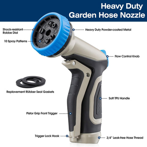 Garden Hose Nozzle - Heavy Duty Metal Water Hose Nozzle, High Pressure Water Nozzle with 8 Adjustable Spray Patterns for Watering Plants, Lawn, Wa...