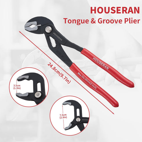 Slip Joint Pliers, HOUSERAN Water Pump Pliers, 10 Inch Groove Joint Pliers, Wrench Pliers with Comfort Red Grips, CRV Tongue and Groove Pliers for...