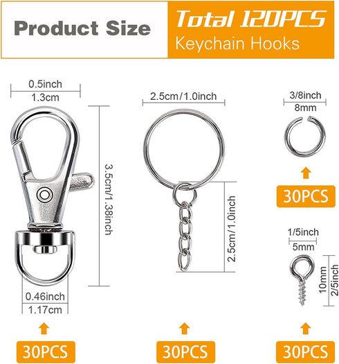 120PCS Swivel Snap Hook with Key Chain Rings Set, 30 PCS Swivel Lobster Clasp,30PCS Key Ring with Chain, 30 pcs Jump Rings and 30pcs Screw Eye Pin...