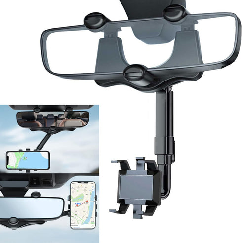 Kairiyard Car Phone Holder Mount, Car Rearview Mirror Phone Holder 360°Rotatable and Retractable Multifunctional Universal Cell Phone Mount Stand ...