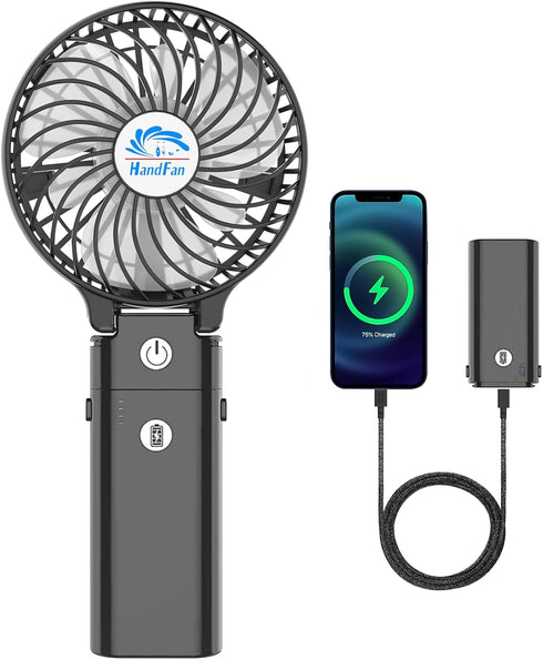 HandFan 5200mAh Portable Handheld Fan, Personal Hand Held Fan USB Rechargeable, 180° Foldable Portable & Detachable Handle Design,3 Speeds Strong ...