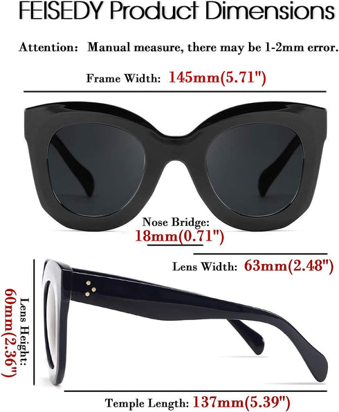 FEISEDY Retro Oversized Square Horn Sunglasses Semi Cat Eye Butterfly Glass Big Thick Bold Frame B2572...