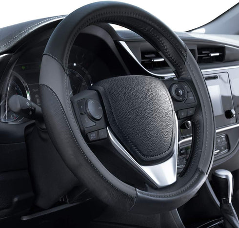 Motor Trend SportDrive Faux Leather Steering Wheel Cover, Standard 15 inch Size, Two-Tone Black & Dark Gray, Car Steering Wheel Cover for Truck Va...