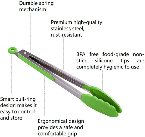 Kitchen Tongs Set of 2 – 9 inch & 12 inch – Stainless Steel Food Tongs with Silicone Tips – Premium Locking Non-stick Tongs for Cooking, BBQ, Gril...