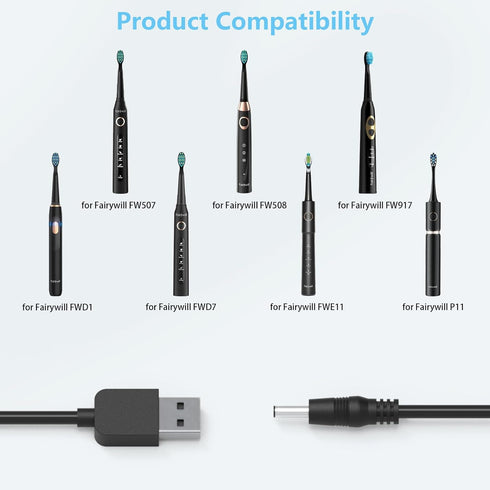 Fairywill Toothbrush Charger Cable for FWD1 FWD3 FWD7 FWD8 FW917 FW507 SG508 FW508 FWP11 FWE11 FWT9 P11, Sonic Electric Toothbrush Charger Power C...