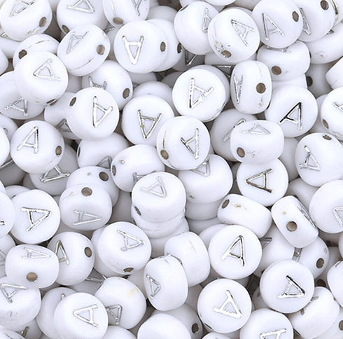 100PCS Letter Beads White Round Acrylic Alphabet Beads Silver Letter A Beads for Jewelry Making Bracelets Necklaces Key Chains DIY 4X7mm...