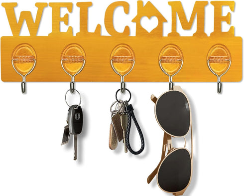 Nail-Free Key Holder, Wall Mounted Golden Key Hooks Organizer Key Hanger Rack Welcome Decorative Home Key Rack Key Hanger with 5 Hooks for Entrywa...