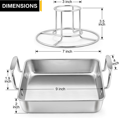 P&P CHEF Beer Can Chicken Holder with Roasting Pan Set, 9-inch Stainless Steel Square Baking Pan and Chicken Rack For Grilling, Heavy Duty & Dishw...