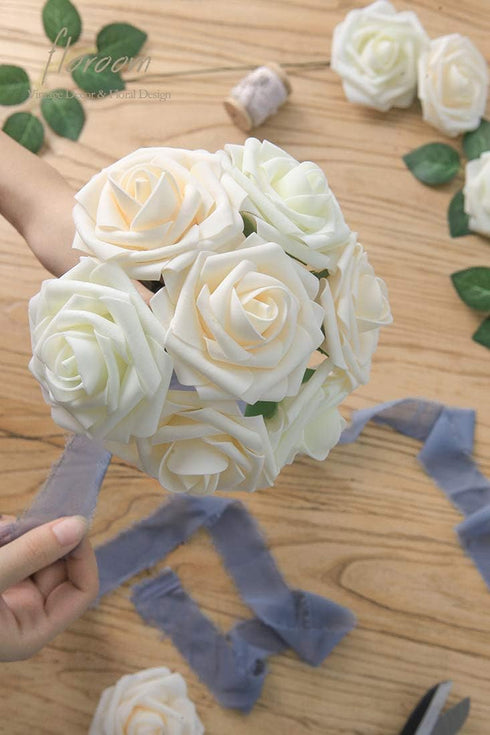 Floroom Artificial Flowers 25pcs Real Looking Ivory Foam Fake Roses with Stems for DIY Wedding Bouquets White Bridal Shower Centerpieces Arrangeme...