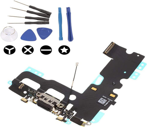 (md0410) Black USB Charging Port Charge Dock Connector Charger mic Flex Ribbon Cable Replacement Part Compatible for iPhone 7 + Tools Kit...