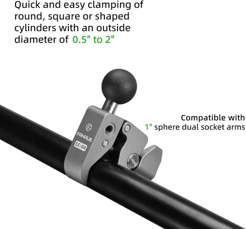 FANAUE Handlebar Base Mount Strong Rod Clamp with 1'' Ball for Rails 0.5" to 2.0" in Diameter, Compatible with RAM Mounts B Size Double Socket Arm...