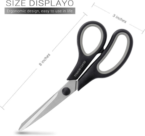 Scissors 8" Multipurpose Scissors Titanium Coated Sturdy Sharp Scissors Right/Left Handed Comfort-Grip Handles for Office Home School Sewing Fabri...