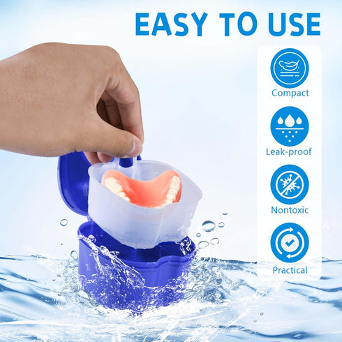 3 Pack Colors Denture Bath Case Cup Box Holder Storage Soak Container with Strainer Basket for Travel Cleaning (White, Blue, Light Blue)...