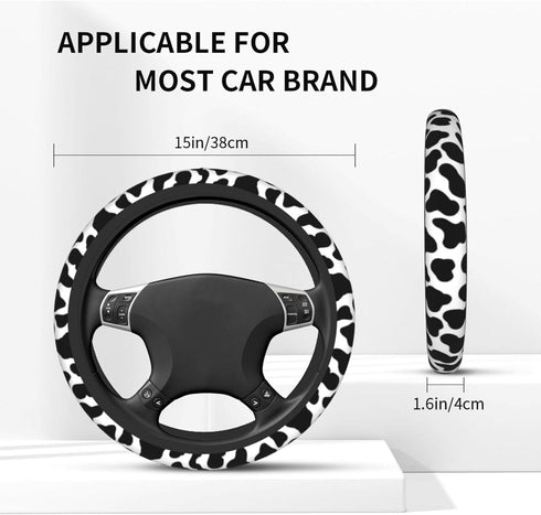 Black and White Cow Print Steering Wheel Cover Anti-Slip and Practical 14.5-15 Inch Universal Car Steering Wheel Cover with 2 Pieces Car Coasters ...
