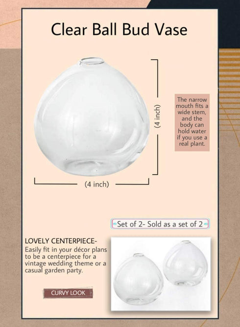 Serene Spaces Living Set of 2 Clear Ball Bud Vase, Vintage Style Vase for Flowers, Measures 4" Tall and 4" Diameter...