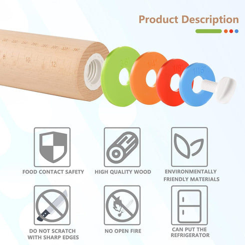 Wood Rolling Pin With 4 Adjustable Thickness Rings, Non-stick Dough Roller For Baking, 17 Inch Pizza Roller For Kitchen supplies, Handle Press Des...