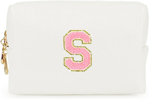 Personalized Initial Letter Makeup Bag,Preppy Patch Makeup Bag,PU Waterproof Travel Toiletry Bag,Chenille Letter Cosmetic Bag,Toiletry Zipper Pouc...