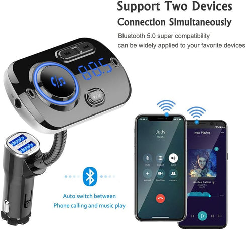 Bluetooth 5.0 FM Transmitter for Car Wireless FM Radio Adapter Car Kit Hands-Free Dual USB Ports with QC3.0 Support SIRI/Google Voice Assistant AU...