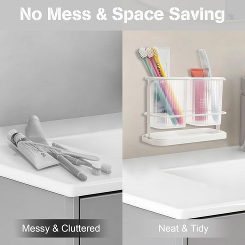 White Toothbrush Holders for Bathrooms, Toothbrush Holders Wall Mounted with 2 Cup, Dry & Wet Separation, Bathroom Countertop Organizer and Storag...