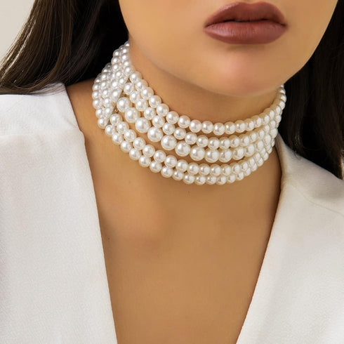Boho Round Imitation Pearl Choker Necklace Multi Strands Vintage Choker Bridal Wedding Crystal Jewelry for Women...