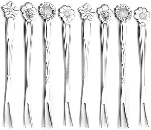 8Pcs 4.9 Inch Flower Stainless Steel Friut Forks Small Pickle Forks Dessert Cake Forks Salad Bistro Cocktail Fork Two Prong Dinner Appetizer Fork ...