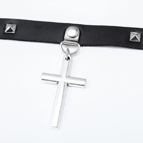 Olbye Cross Short Choker Necklace Black Leather Spike Studded Collar Necklace Goth Prayer Necklaces Punk PU Necklace Jewelry for Women and Girls R...