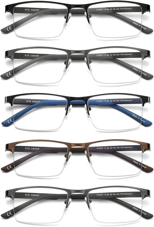 EYECEDAR Blue Light Blocking Reading Glasses for Men, Metal Half Frame Spring Hinges Anti-Glare Eyestrain 5 Pack Computer Eyeglasses Readers 3.00...