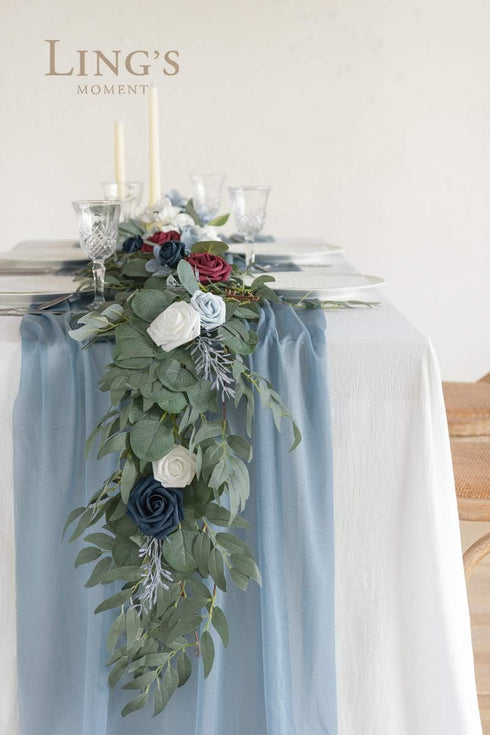 Ling's Moment 14Ft Dusty Blue Sheer Chiffon Like Table Runner with Silver Sparkle for Wedding Rustic Boho Wedding Party Bridal Shower Decorations ...