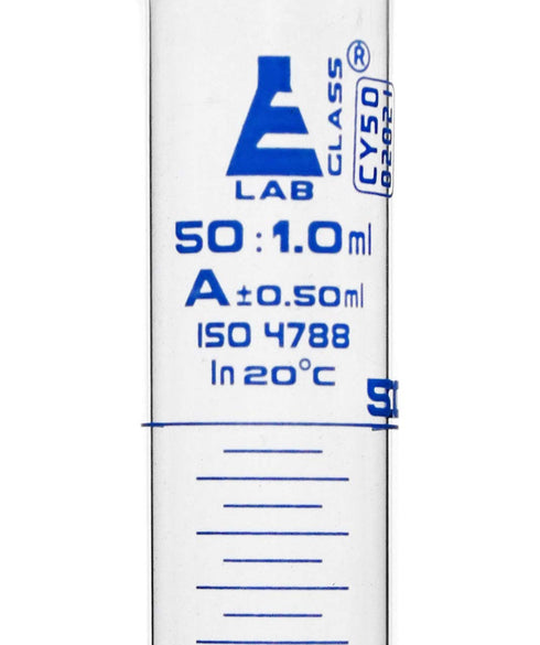 EISCO Graduated Cylinder, 50ml - Class A Tolerance ±0.50ml - Round Base - Blue Graduations - Borosilicate 3.3 Glass...